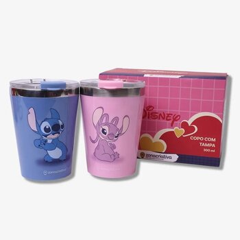 KIT COPO VIAGEM SNAP 300ML STITCH E ANGEL NAMORADOS