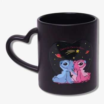 CANECA MAGIC CORACAO 300ML STITCH E ANGEL NAMORADOS PRETA