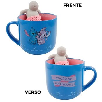 CANECA 350ML C/INFUSOR P/ CHA STITCH E ANGEL NAMORADOS
