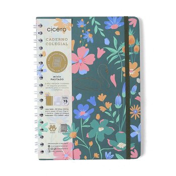CADERNO ESPIRAL COLEGIAL LAGOA PAUTADO 17X24 CISNE FLORAL VERDE 1 MATERIA 80 FLS